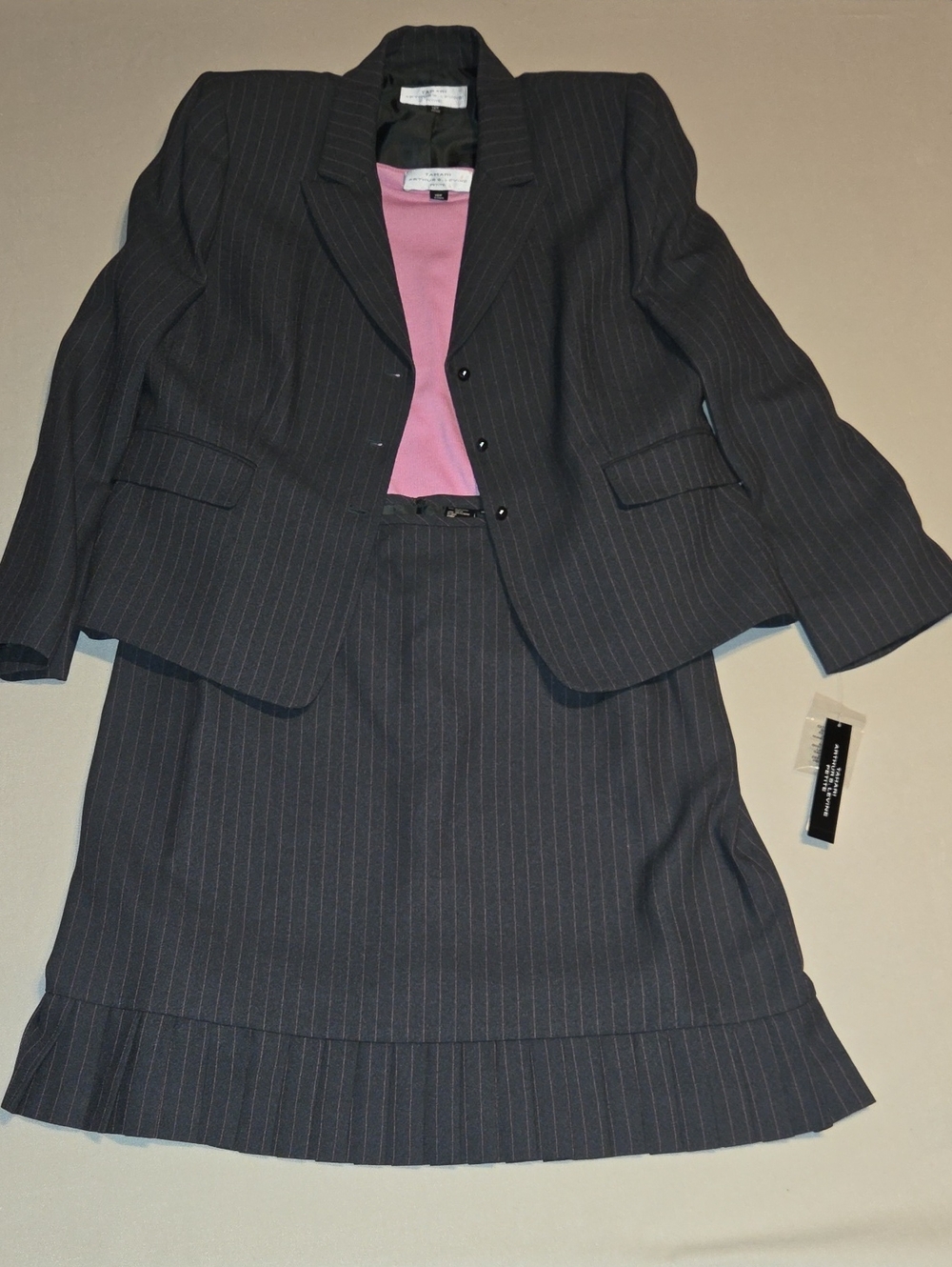 Women's Charcoal Pinstripe Blazer and Skirt Set with Pink Shell